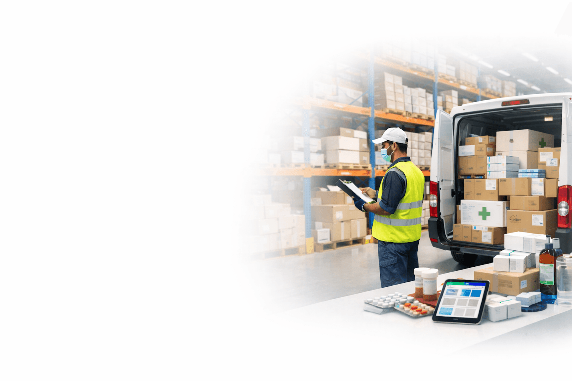 Sağlık dağıtım tesisinde tıbbi malzeme kutuları ile çalışan eczane deposu çalışanı.
