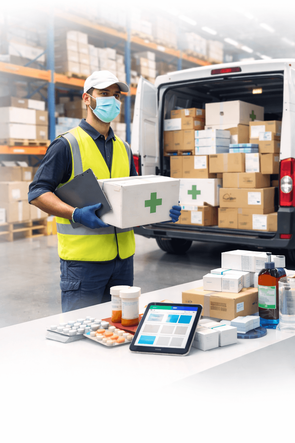 Sağlık dağıtım tesisinde tıbbi malzeme kutuları ile çalışan eczane deposu çalışanı.